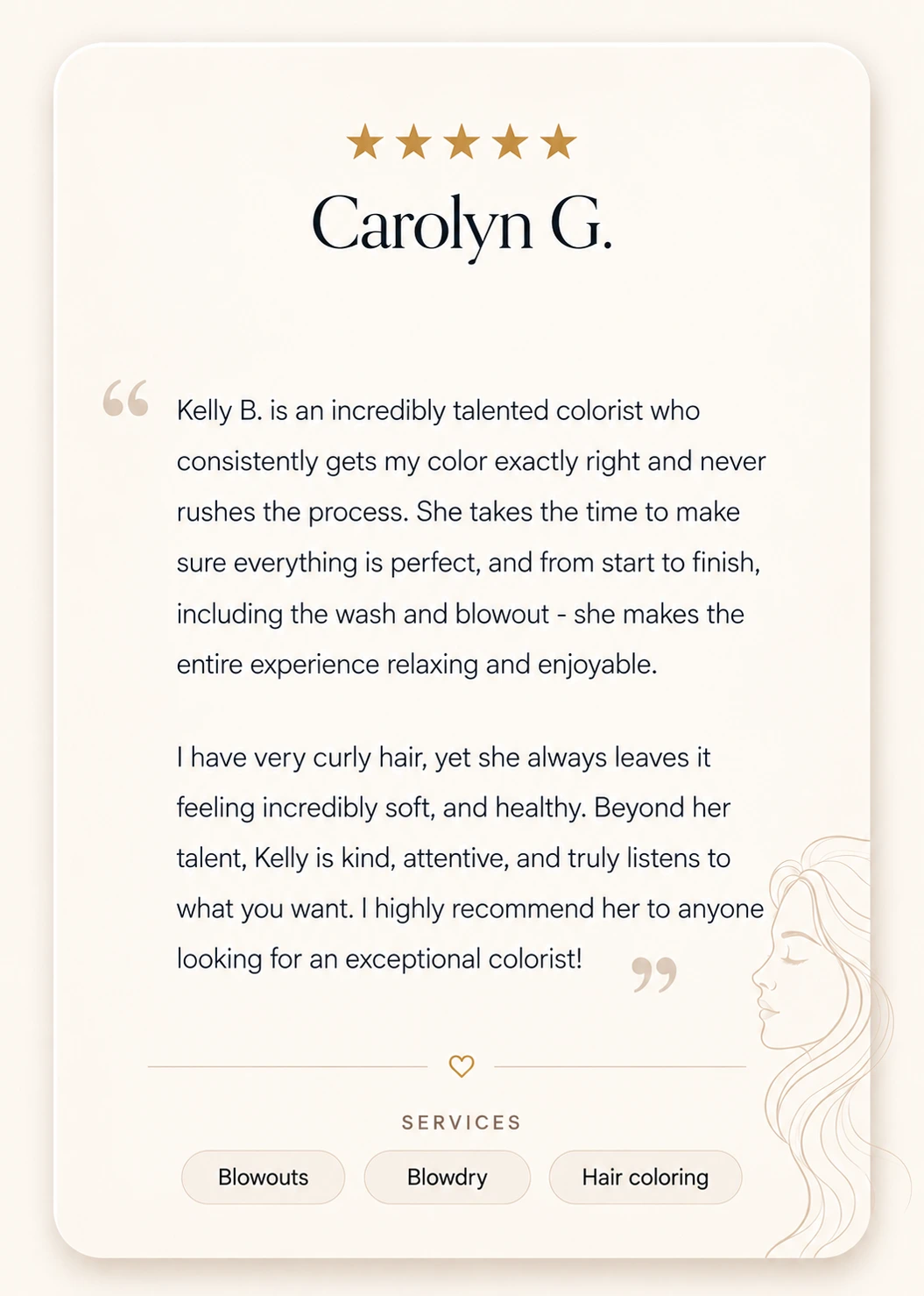Five-star client review from Carolyn G. about Kelly Blinsinger