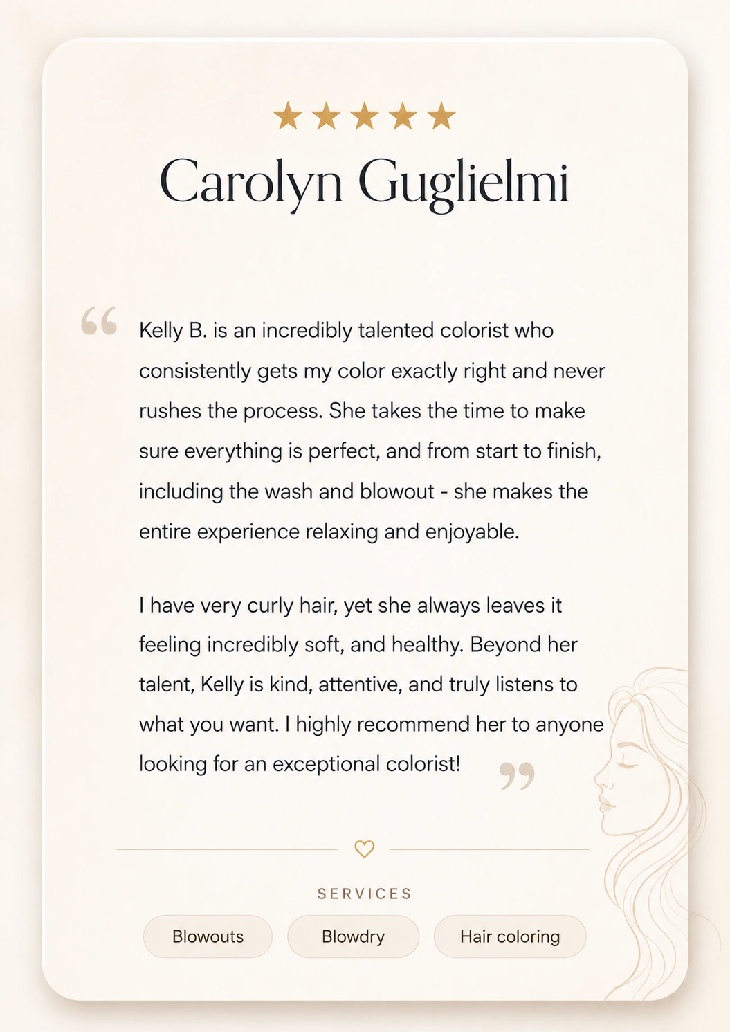 Five-star client review from Carolyn Guglielmi about Kelly Blinsinger