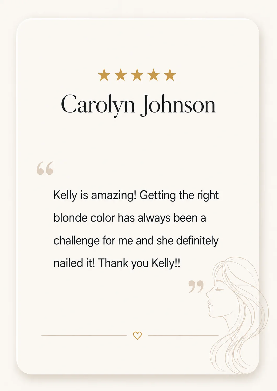 Five-star client review from Carolyn Johnson about Kelly Blinsinger