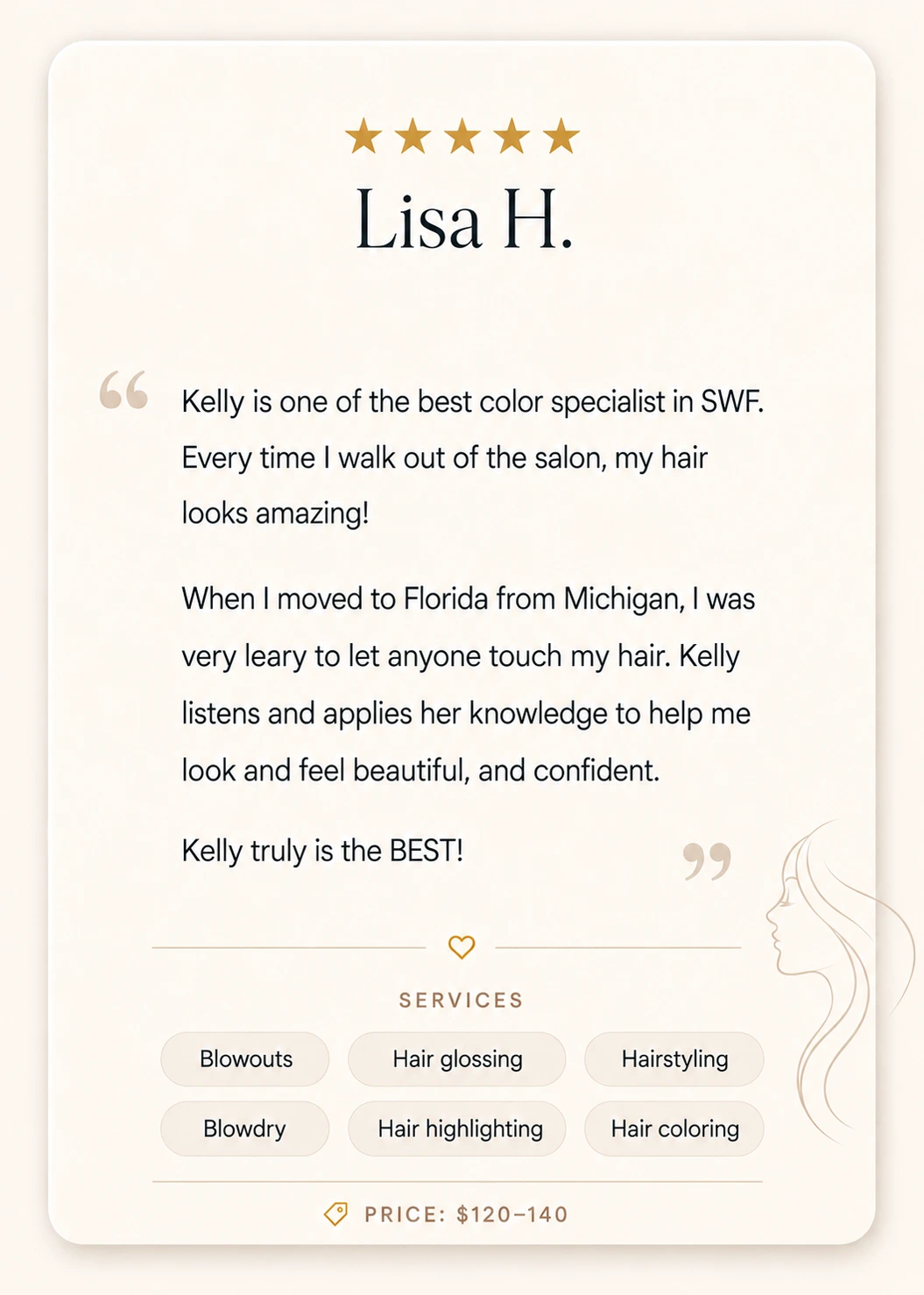 Five-star client review from Lisa H. about Kelly Blinsinger
