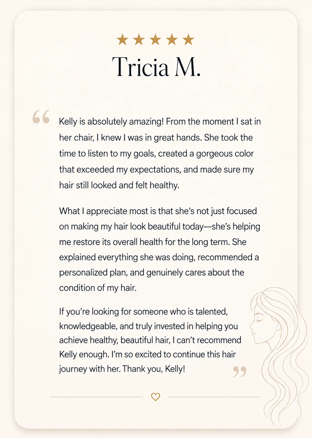 Five-star client review from Tricia M. about Kelly Blinsinger