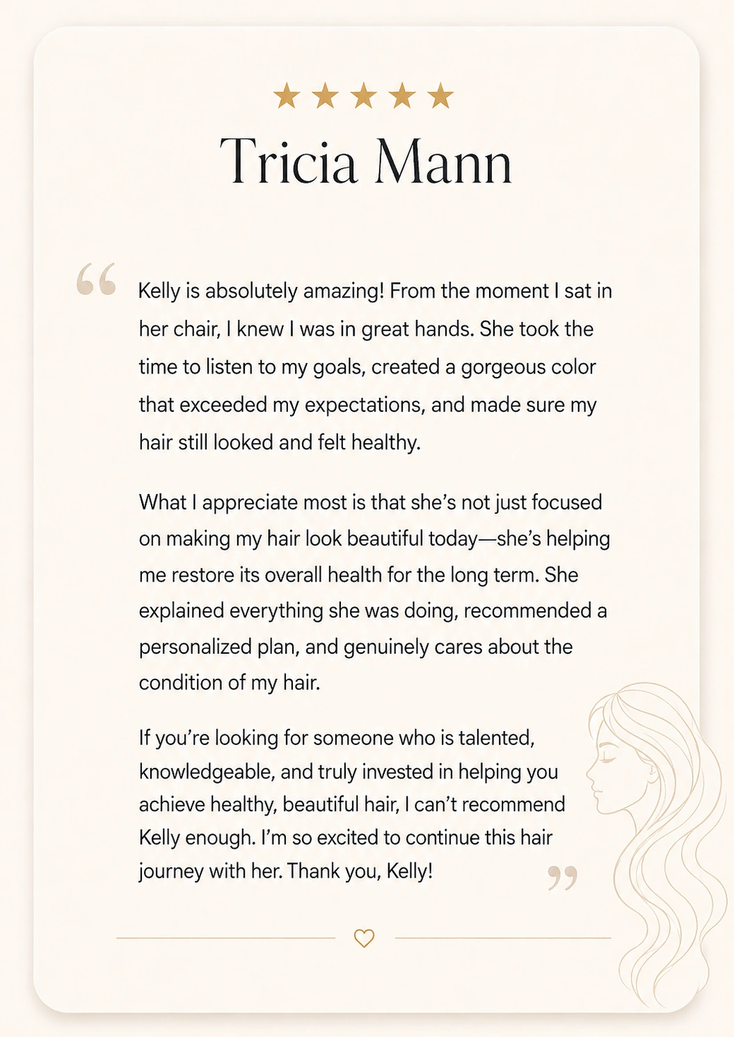 Five-star client review from Tricia Mann about Kelly Blinsinger